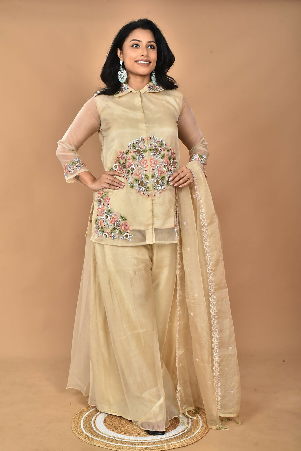 Morchari Women And Hand Embroidery Palazzo Set-Beige | Grocsy