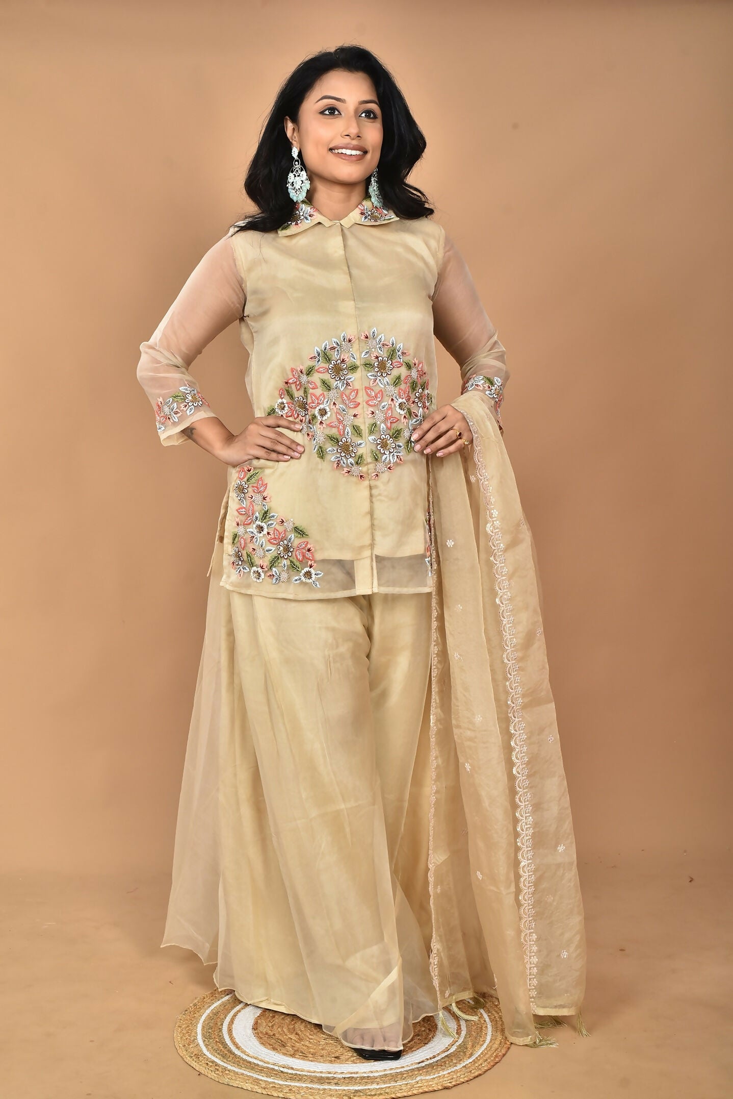 Morchari Women And Hand Embroidery Palazzo Set-Beige | Grocsy