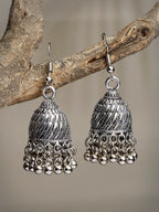 NVR Women's Silver-Toned German Silver Oxidised Dome Shaped Jhumka Earrings | Grocsy