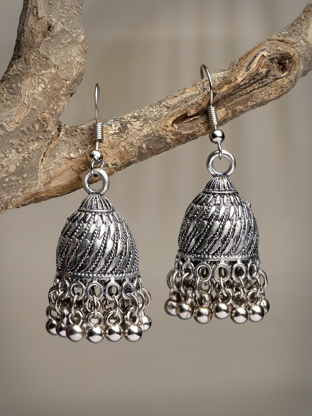 NVR Women's Silver-Toned German Silver Oxidised Dome Shaped Jhumka Earrings | Grocsy