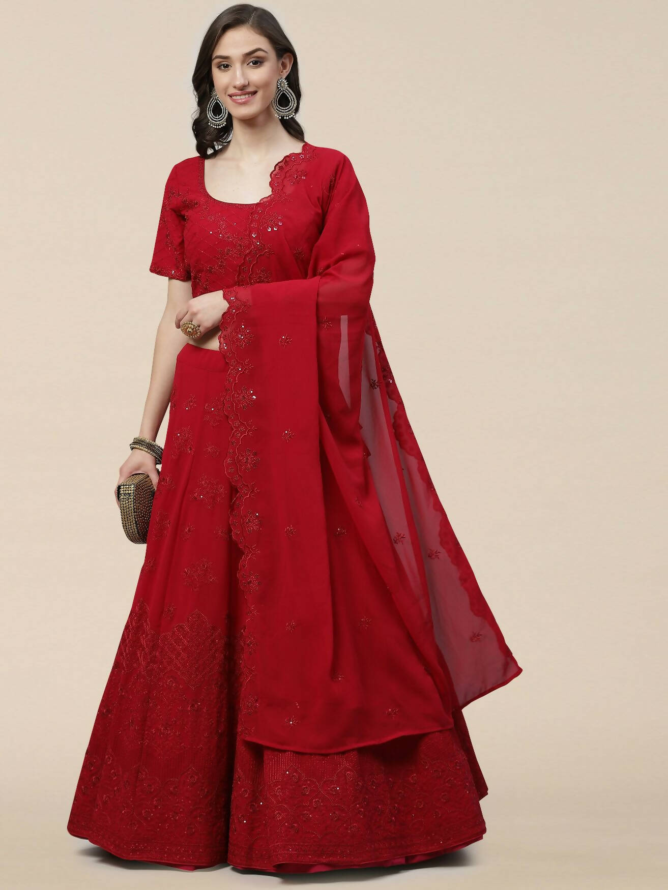 Dark Pink Georgette Thread with Sequins Embroidered work Lehenga Choli with Dupatta - Jivika | Grocsy