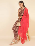 Janasya Women's Brown Crepe Digital Floral Printed Festive Straight Kurta Set | Grocsy