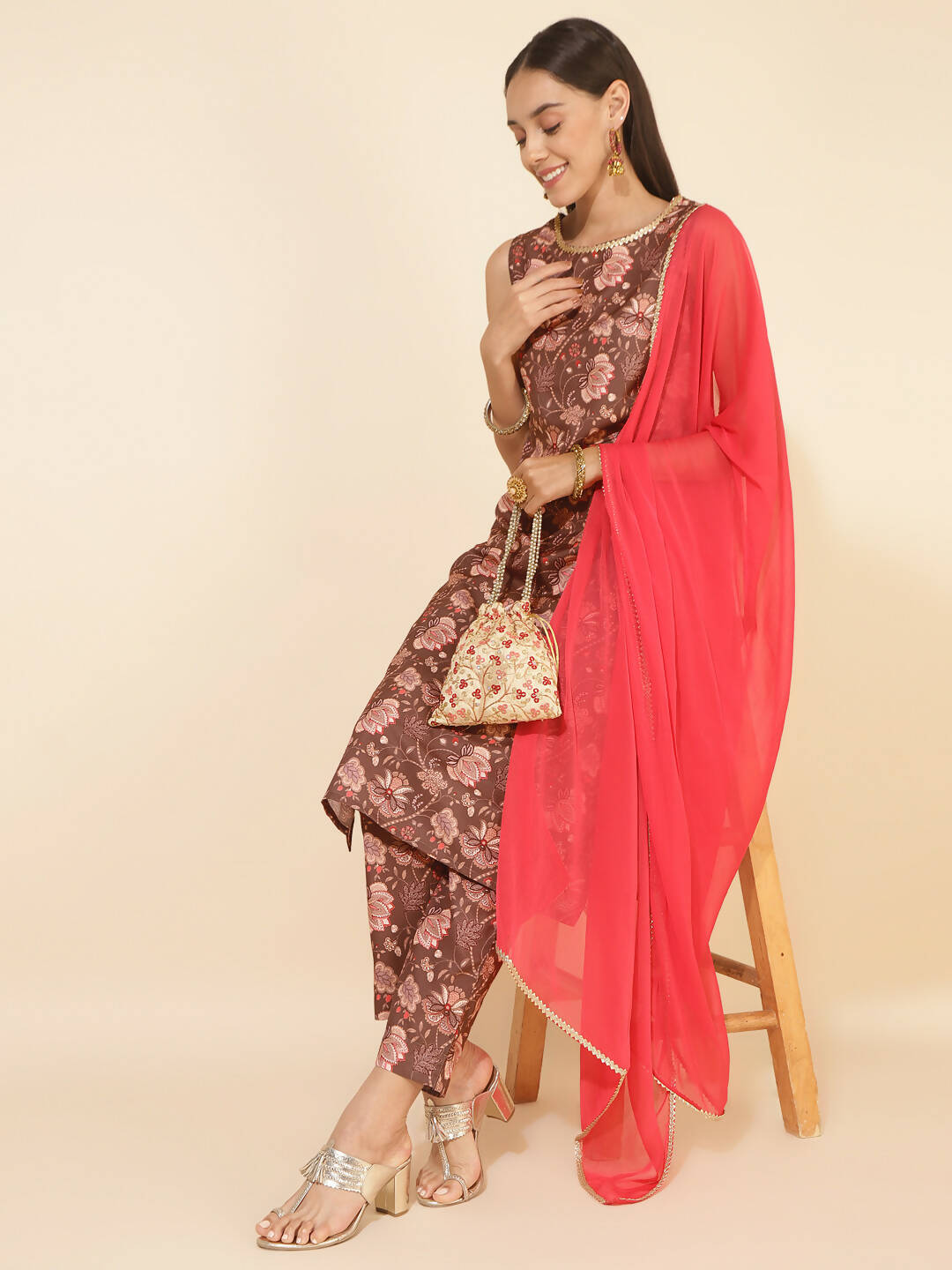Janasya Women's Brown Crepe Digital Floral Printed Festive Straight Kurta Set | Grocsy