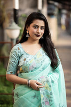 Seagreen Pure Linen Ethnic Motifs Saree with Unstitched Blouse - A2M | Grocsy