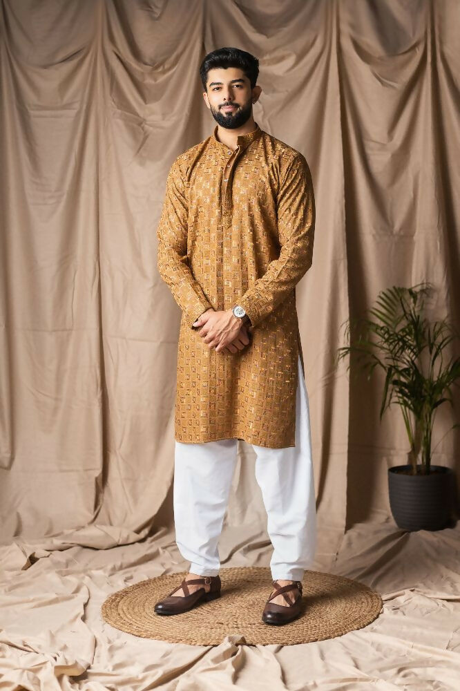 Occur Yellow Rayon Thread Embroidery Work Kurta Set - Mahotsav | Grocsy