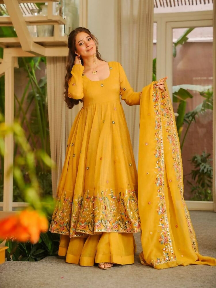 Teeya Creation Yellow Color Crunchy Silk Fancy Wedding Wear Palazzo Set | Grocsy