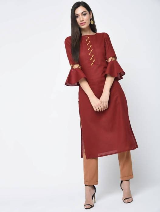 Aniyah Cotton Criss Cross Bell Sleeves Straight Kurta In Maroon (AN-101B) | Grocsy