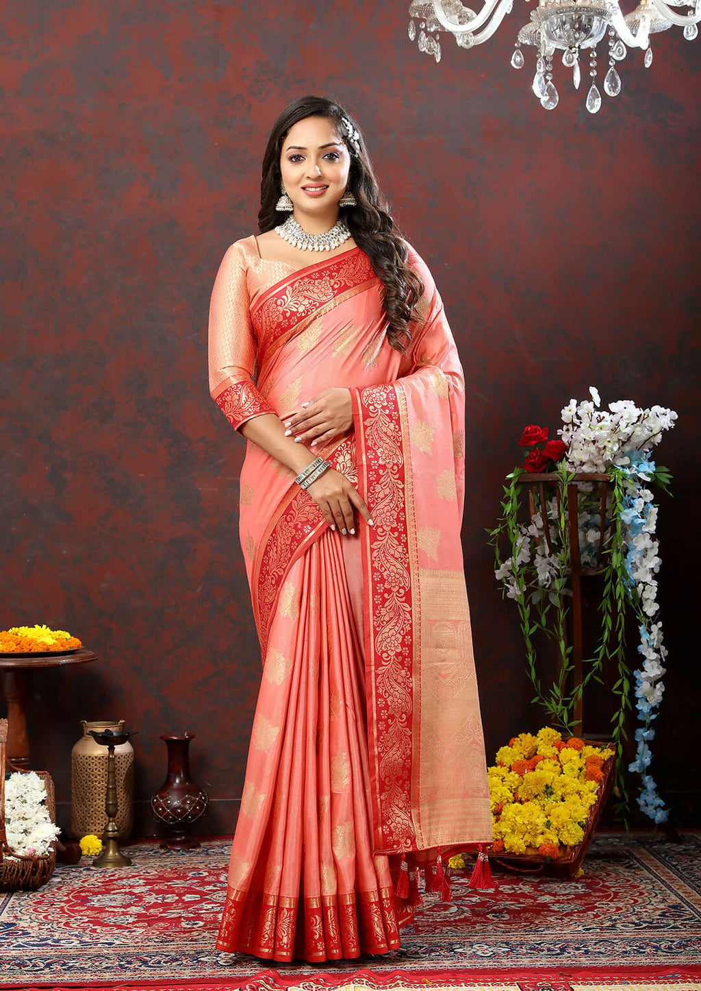 Lorenvalley Fashion Peach Cotton Woven Design with Zari Weaving Design Saree | Grocsy