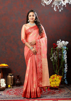 Lorenvalley Fashion Peach Cotton Woven Design with Zari Weaving Design Saree | Grocsy