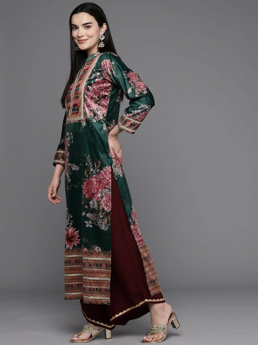 Ahalyaa Women Floral Printed Gotta Patti Velvet Kurta - Green Color | Grocsy