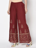 Aniyah Rayon Maroon Color Block Print Flared Slip-On Palazzo (AN-213K) | Grocsy