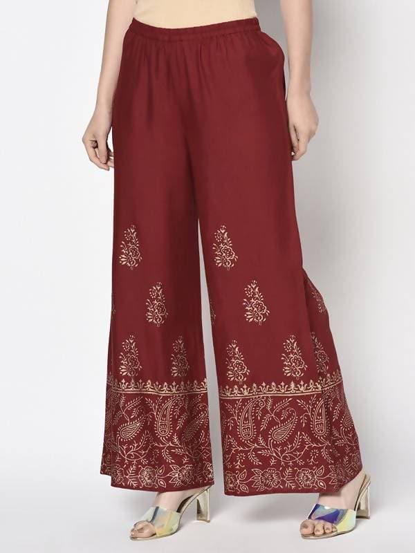 Aniyah Rayon Maroon Color Block Print Flared Slip-On Palazzo (AN-213K) | Grocsy