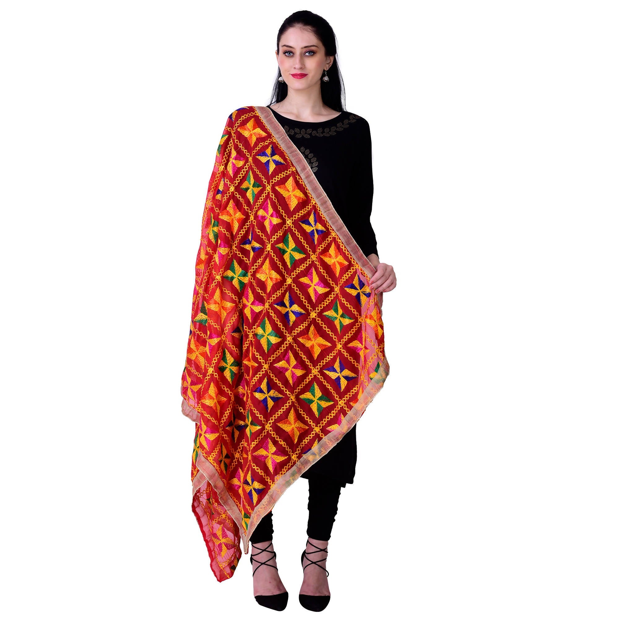 SWI Stylish Women's Embroidered Phulkari Chiffon Red Dupatta | Grocsy