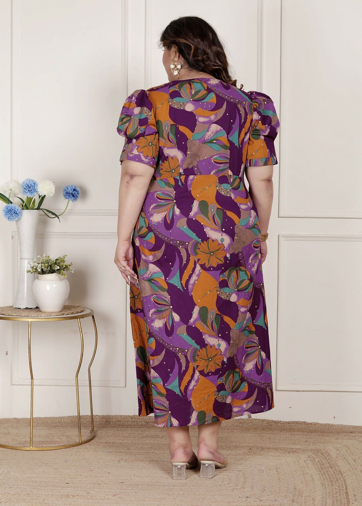 Miravan Womens Plus Size Floral Print Puff Sleeve Pure Cotton Magenta Butterfly Maxi Dress | Grocsy