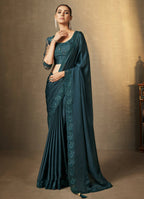 Teal Satin Silk Floral Embroidered with Swaroski Work Saree With Unstitched Blouse Piece - Norita Royal Erisha | Grocsy