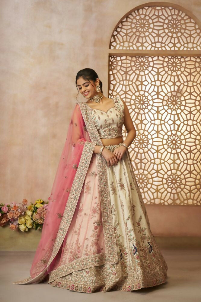Kesar Fab White Zari Silk Hand_Woven Lehenga | Grocsy