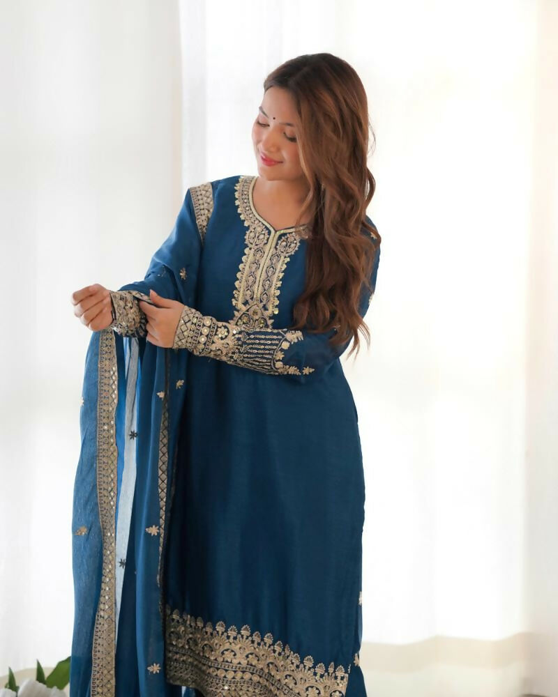 Lehenga Mart Designer Salwar Suit With Kurta, Pant, Dupatta For Women-Teal | Grocsy