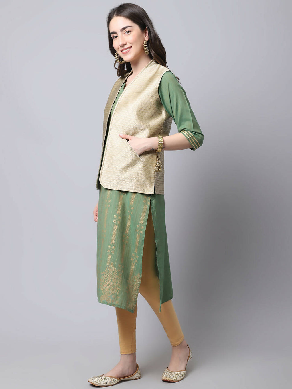 Even Apparels Beige Bansari Silk Open Front Gillet | Grocsy