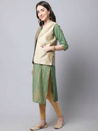Even Apparels Beige Bansari Silk Open Front Gillet | Grocsy