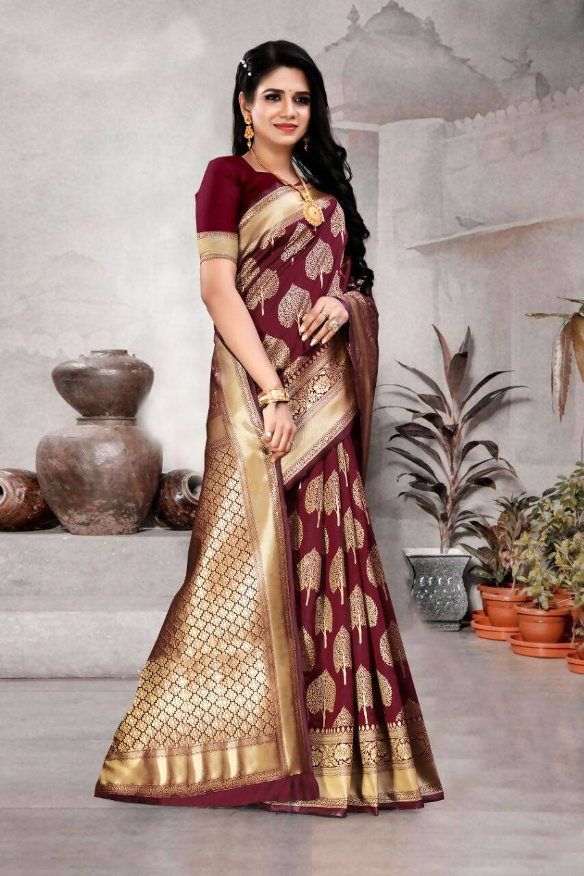 DEIANA'S Beautiful Designer Golden zari Soft Lichi Silk Saree - Maroon | Grocsy
