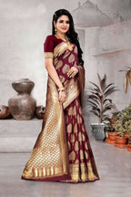 DEIANA'S Beautiful Designer Golden zari Soft Lichi Silk Saree - Maroon | Grocsy