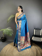 Joban Fashion Blue Butti Woven Soft Lichi Silk Paithani Saree | Grocsy