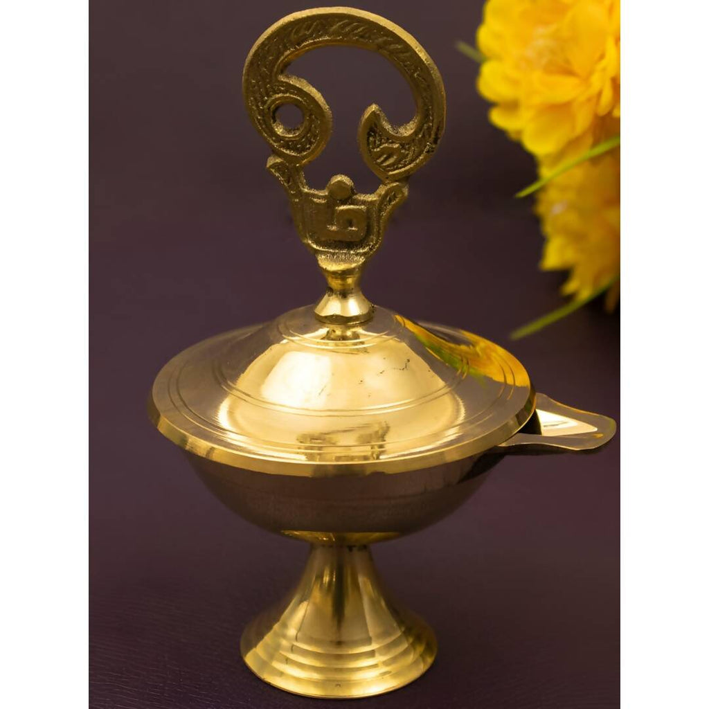 Spillbox Gold-Toned Brass Om Closed Diya Pooja Essential | Grocsy