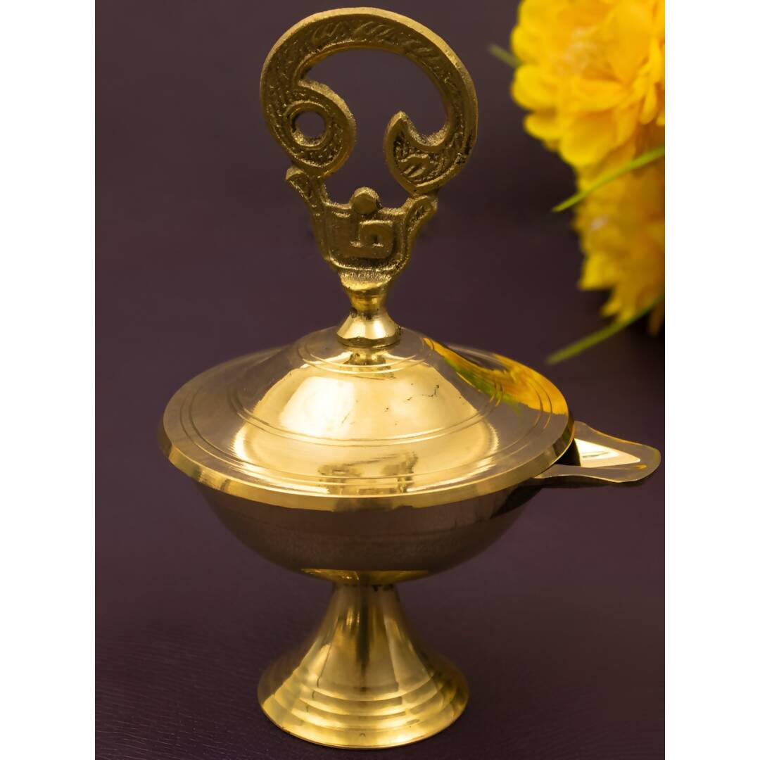 Spillbox Gold-Toned Brass Om Closed Diya Pooja Essential | Grocsy