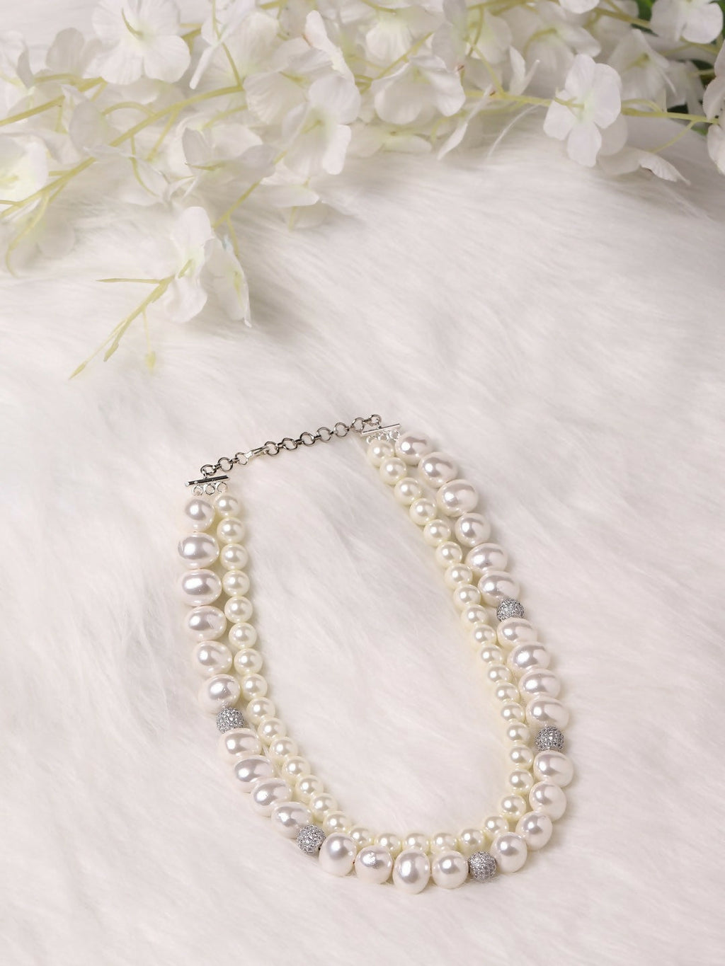 Layered Pearl White Neckpiece in Silver Chain- Ruby Raang | Grocsy