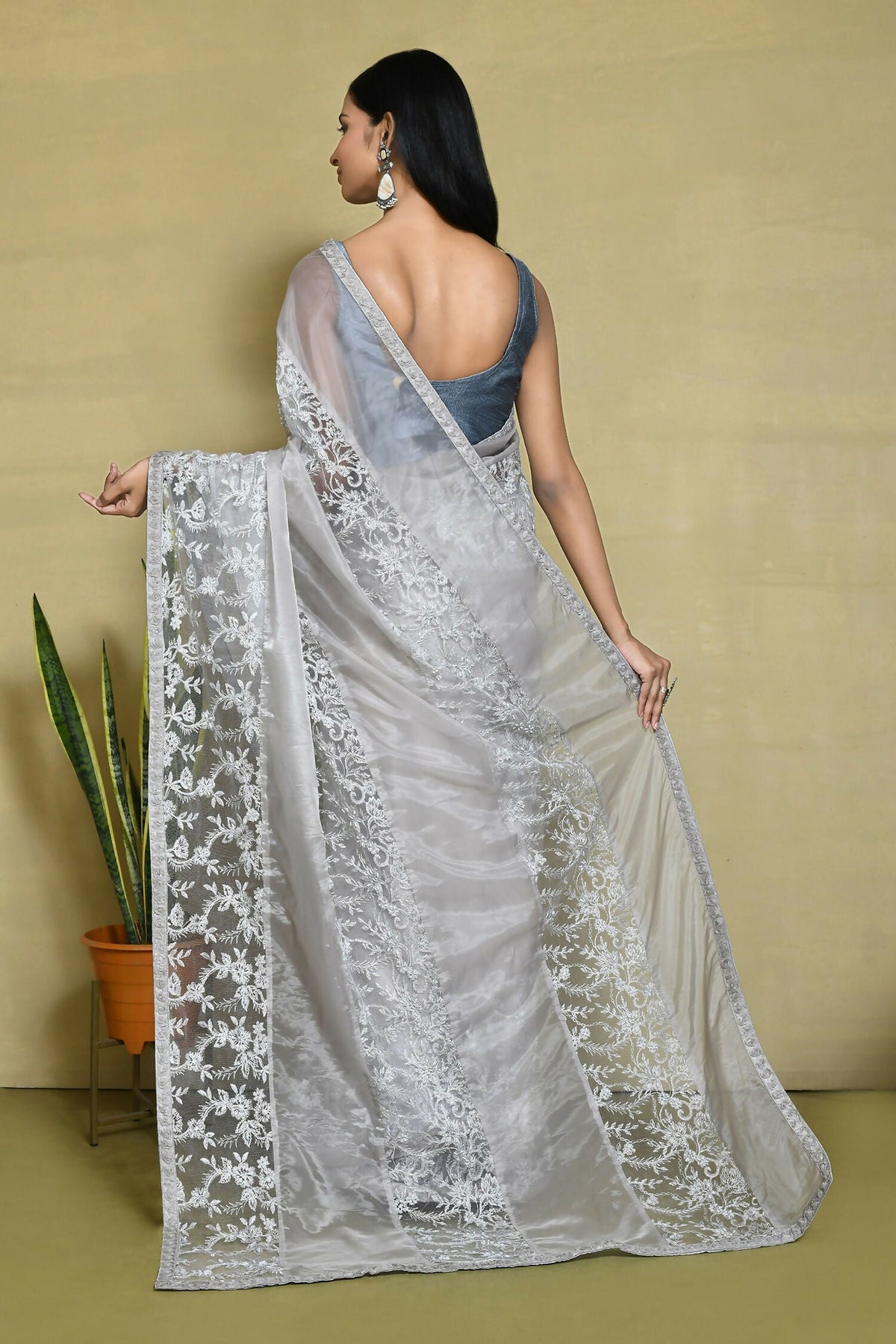Grey Organza Satin Silk Floral Embroidered Festive Saree - Nimaya Denzy | Grocsy