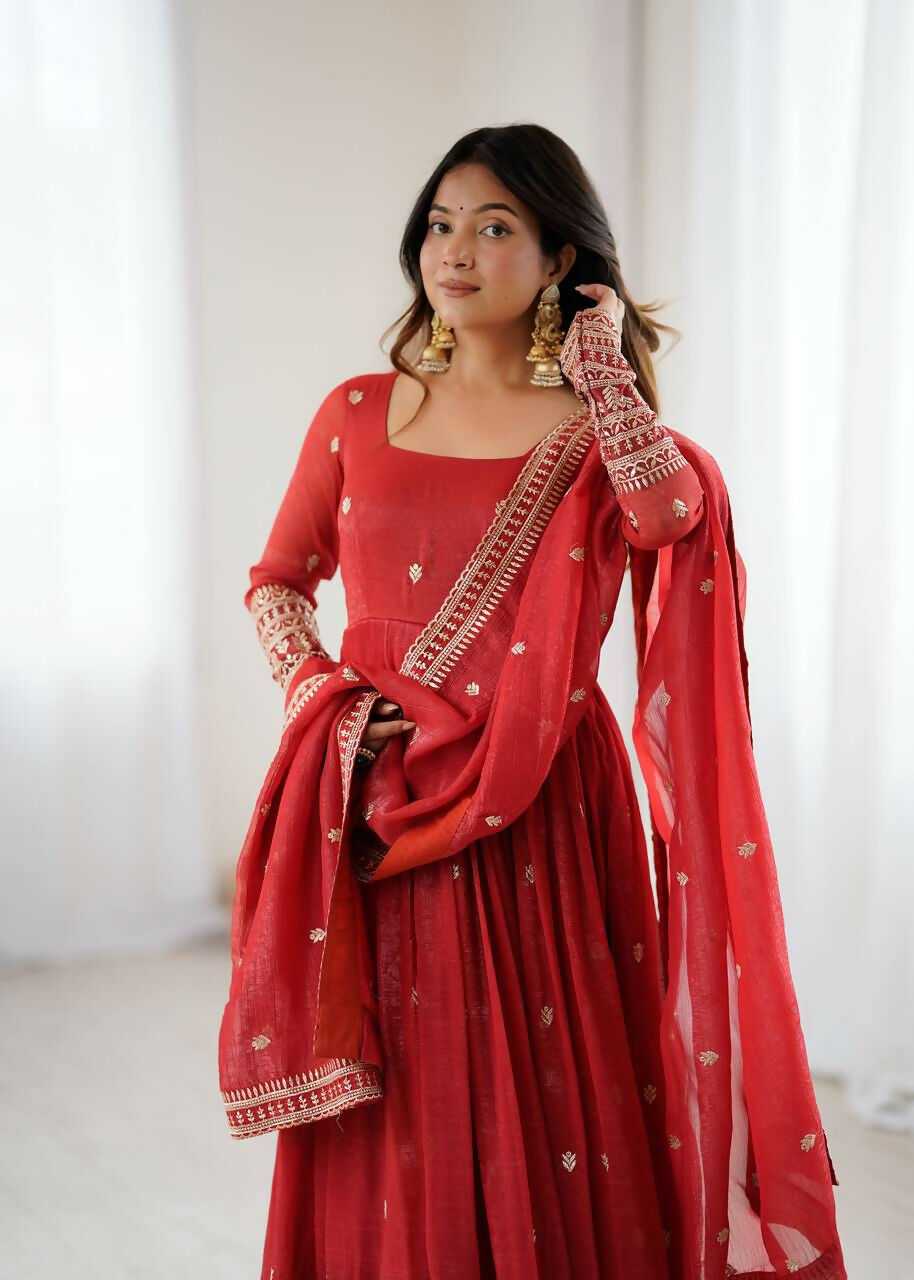 The52 Women's Beautiful Embroidery Work Crunchy Silk Fabric Flared Anarkali and Dupatta Set | Grocsy