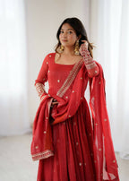 The52 Women's Beautiful Embroidery Work Crunchy Silk Fabric Flared Anarkali and Dupatta Set | Grocsy