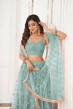 Eilara Glamorous Ocean Blue Net With Sequins And Thread Embroidery Real Mirror Work Lehenga Choli For Wedding | Grocsy