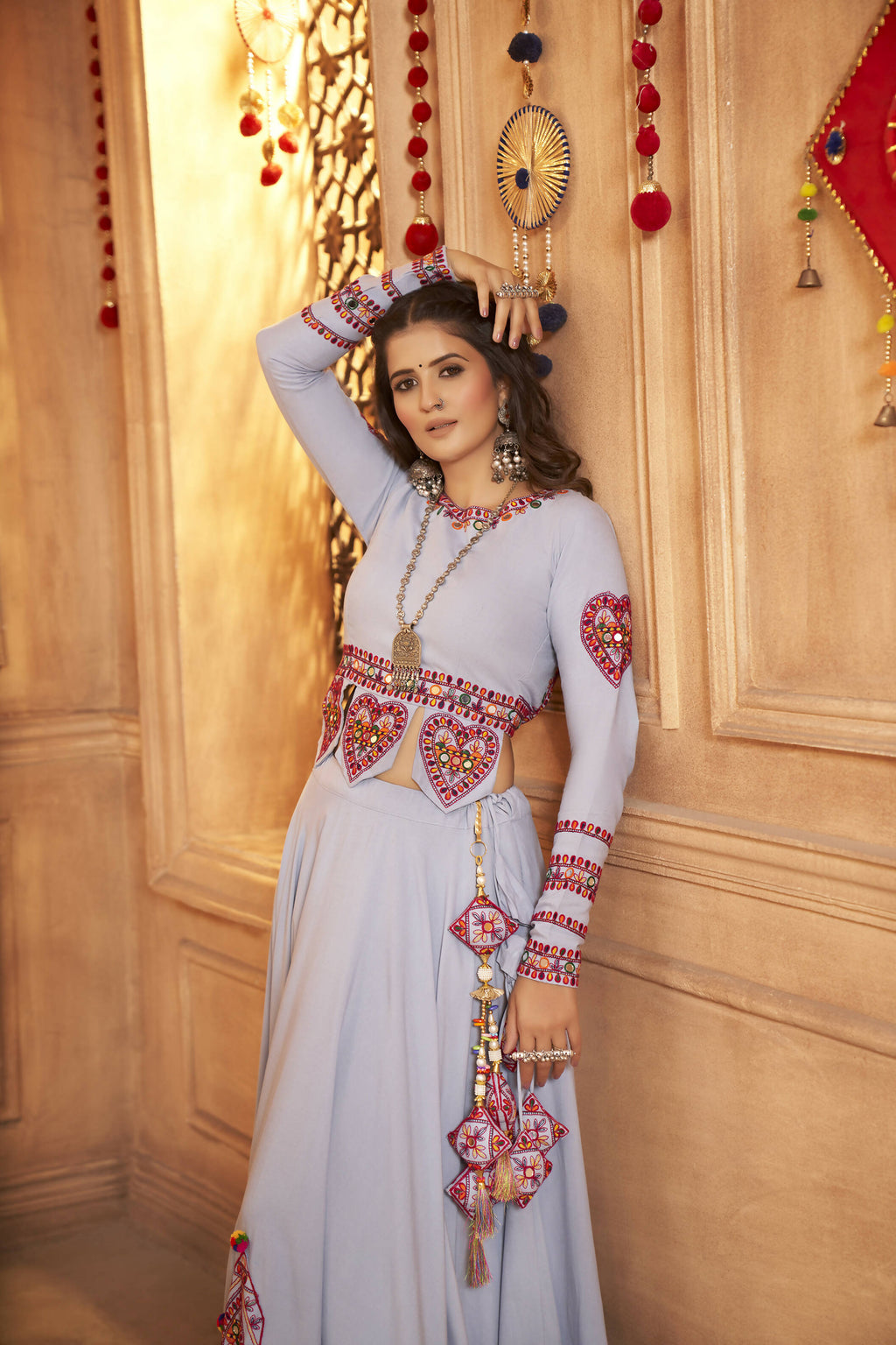 Sky Viscose Rayon Thread Embroidered Work And Print With Mirror All Over Navratri Lehenga Choli - Raas | Grocsy