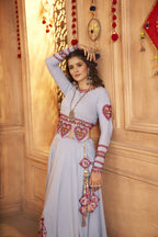 Sky Viscose Rayon Thread Embroidered Work And Print With Mirror All Over Navratri Lehenga Choli - Raas | Grocsy