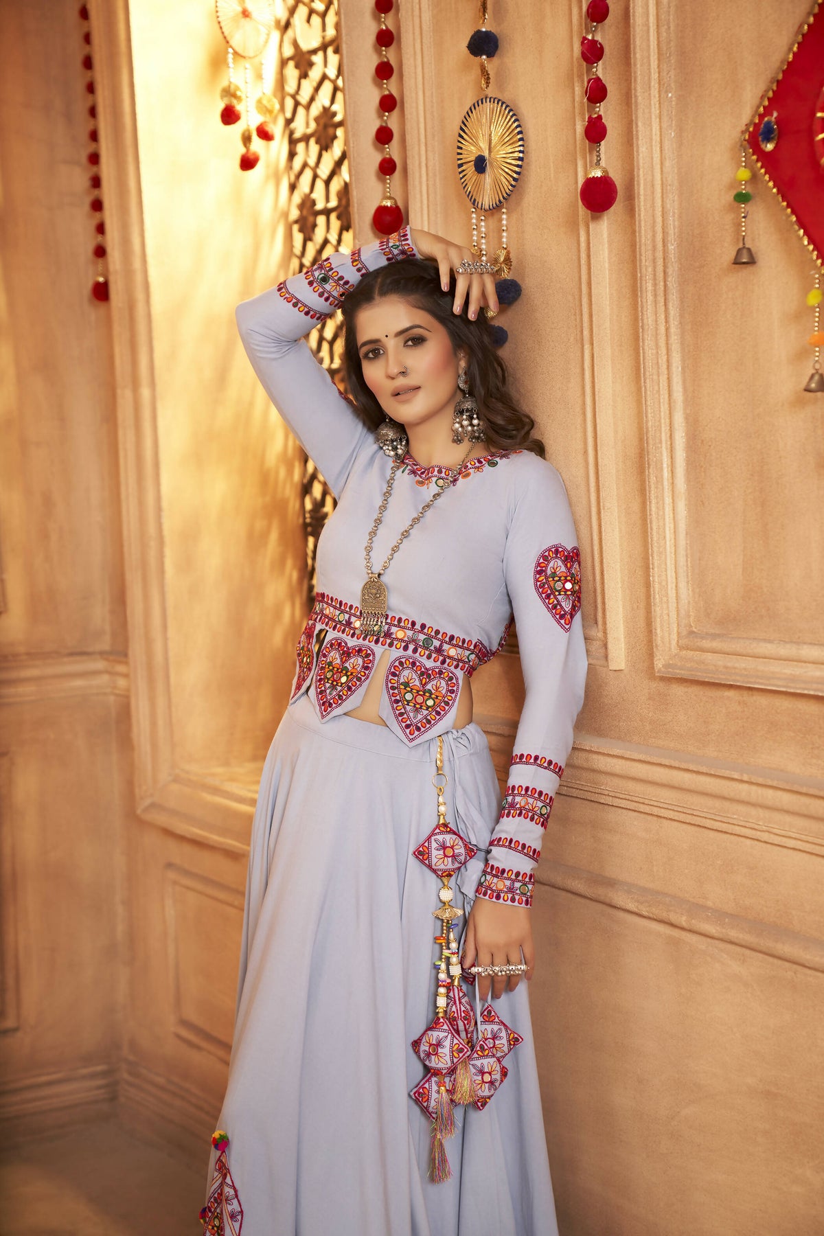 Sky Viscose Rayon Thread Embroidered Work And Print With Mirror All Over Navratri Lehenga Choli - Raas | Grocsy