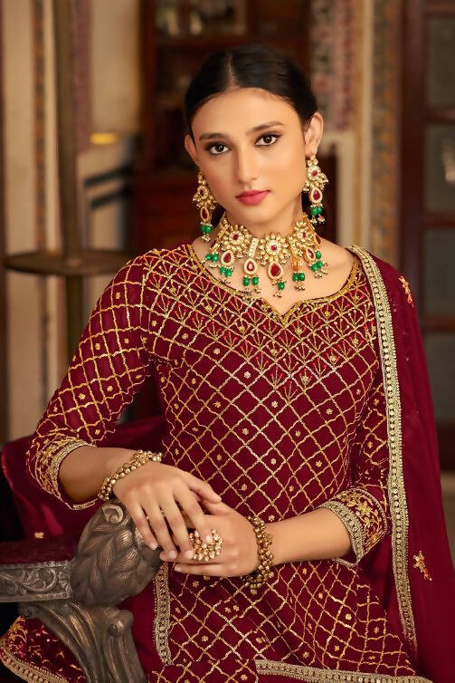 Maroon Heavy Chinon Semi Stitched Kurta with Bottom & Dupatta - Dhvani | Grocsy