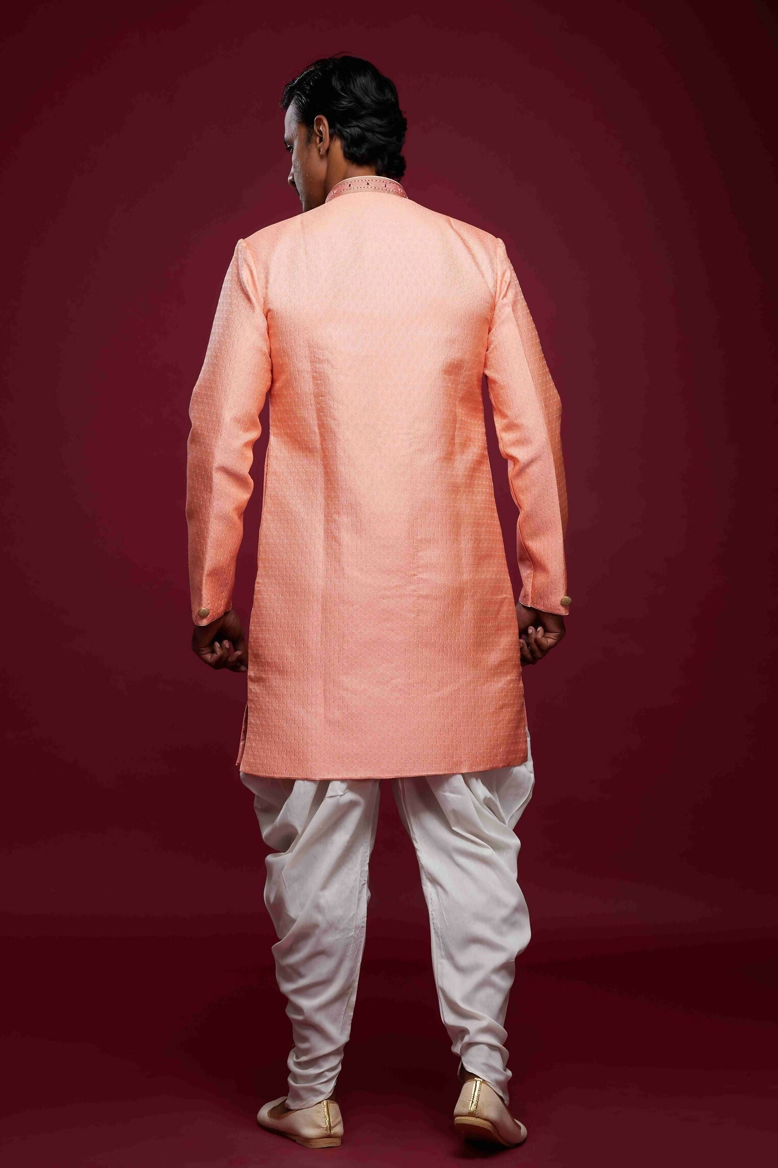 Raivat Ethnic Banarasi Jacquard Embroidery Semi Indo Western Sherwani In Pink Colour | Grocsy