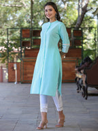 Juniper Women's Seagreen Cotton Slub Embroidered Straight Kurta | Grocsy