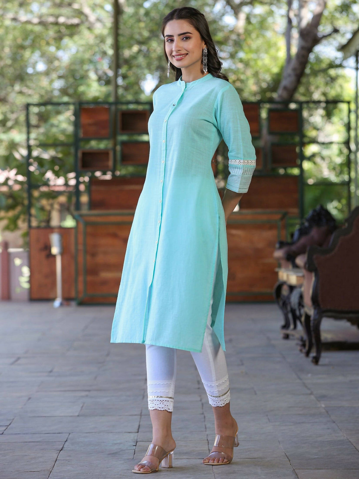Juniper Women's Seagreen Cotton Slub Embroidered Straight Kurta | Grocsy