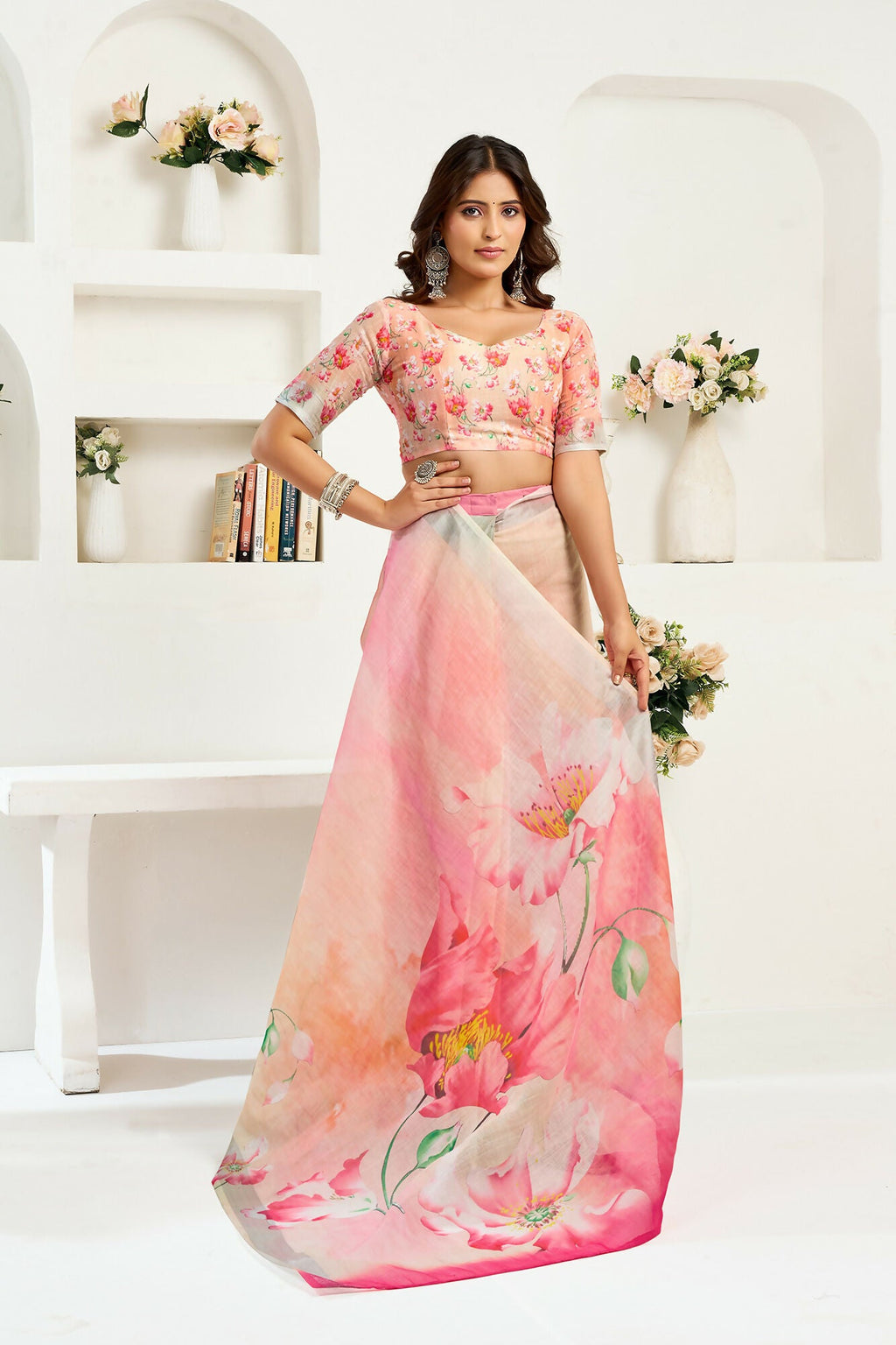 Vastranavya Peach Digital Printed Linen Ready To Wear Designer Saree with Unstitched Blouse | Grocsy