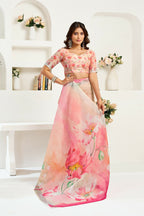 Vastranavya Peach Digital Printed Linen Ready To Wear Designer Saree with Unstitched Blouse | Grocsy