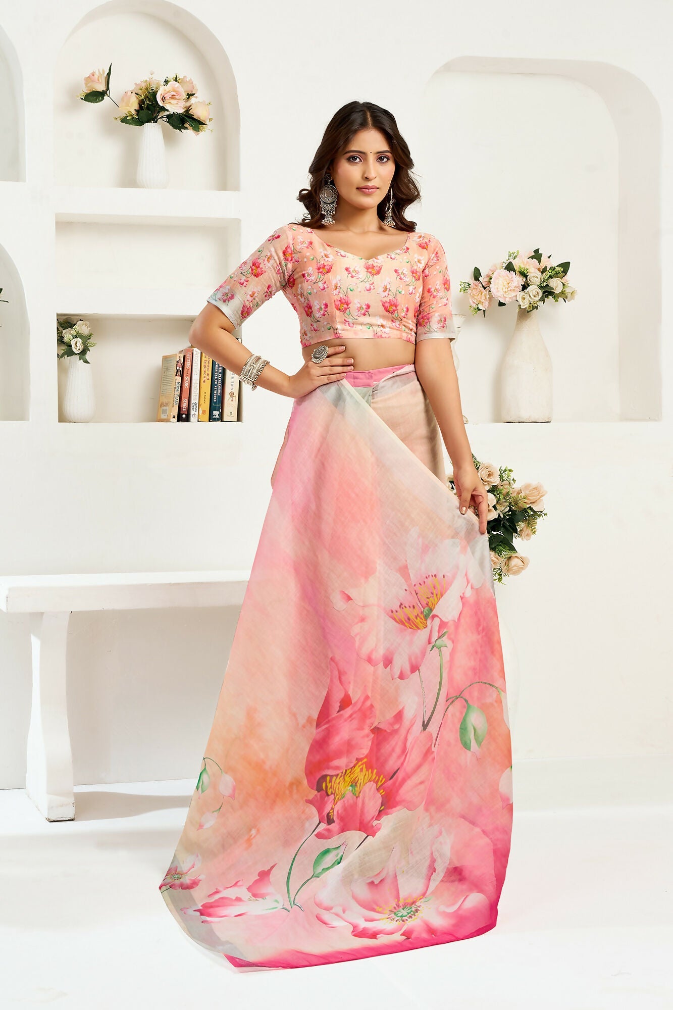 Vastranavya Peach Digital Printed Linen Ready To Wear Designer Saree with Unstitched Blouse | Grocsy