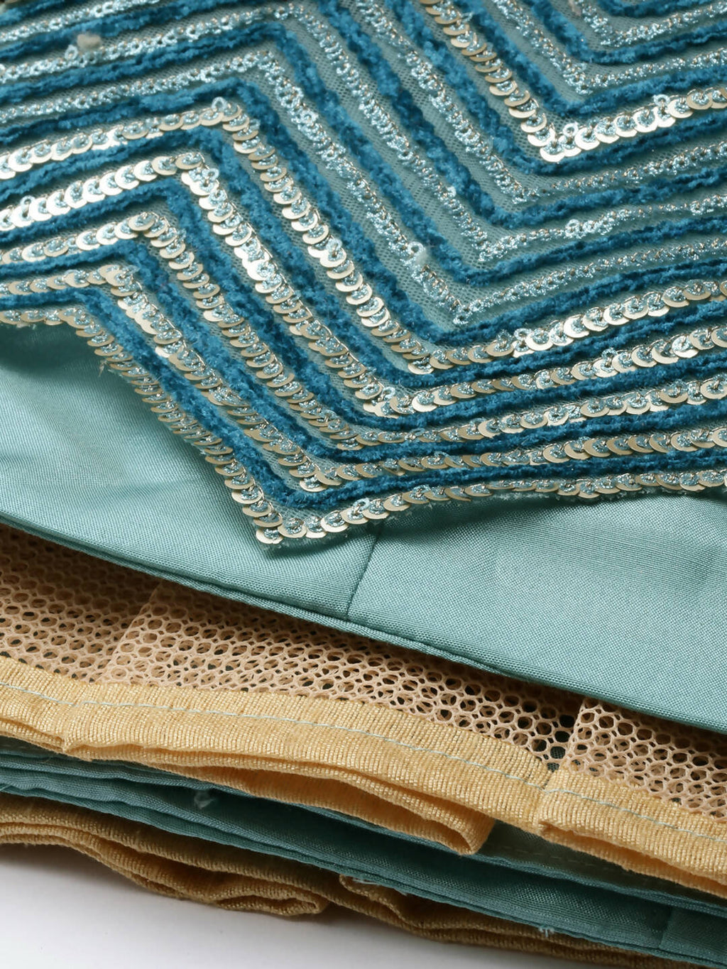 House of Panchhi Women Sea Green Net Zig-Zag Embroideried Lehenga, Blouse & Dupatta | Grocsy