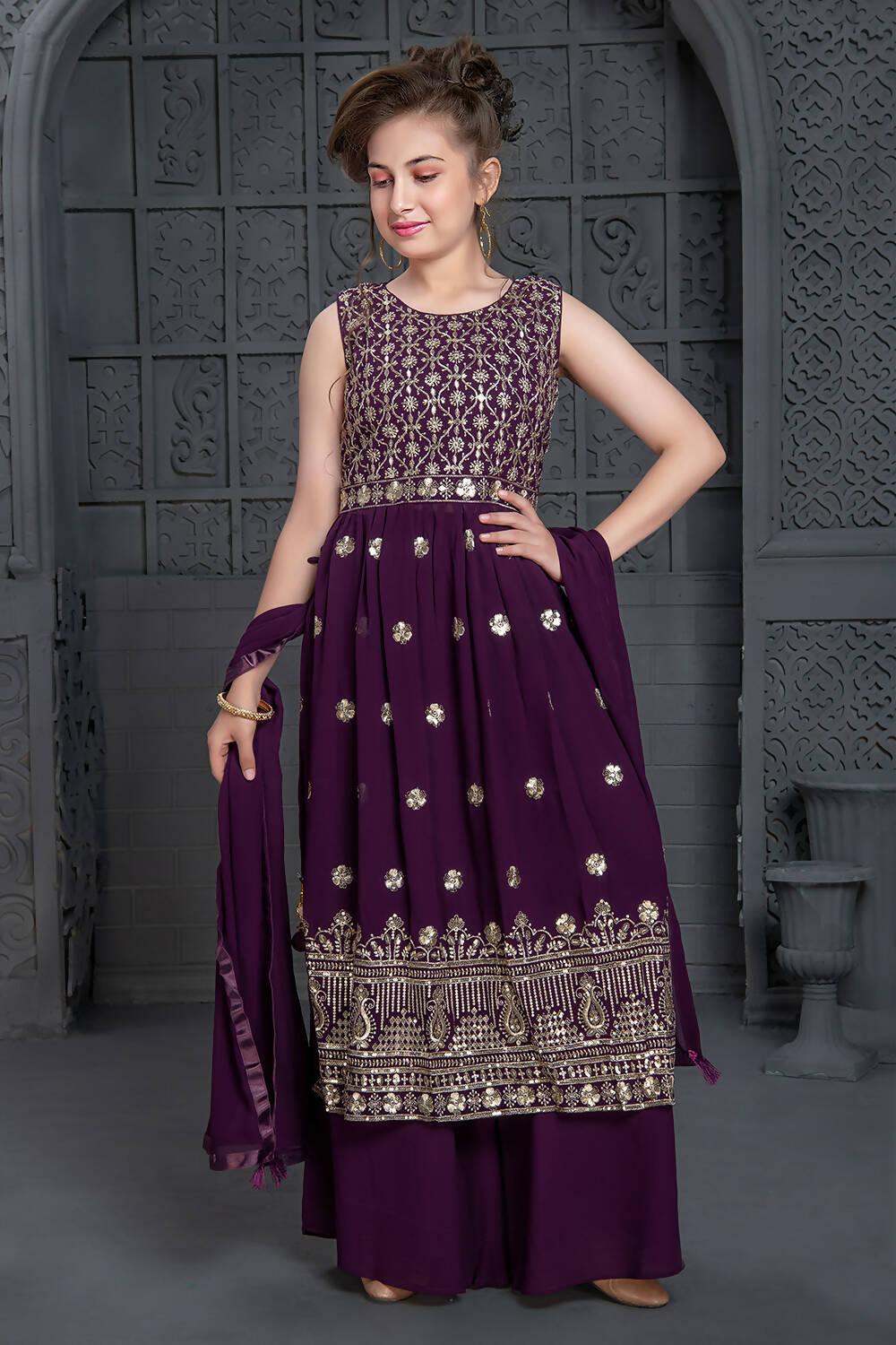 Kids Wedding Designer Purple Georgette Naira Cut Salwar Suit - Aaradhna | Grocsy