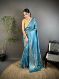 Joban Fashion Aqua Blue Floral & Paisley Motifs Soft Satin Silk Banarasi Saree | Grocsy