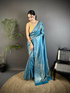 Joban Fashion Aqua Blue Floral & Paisley Motifs Soft Satin Silk Banarasi Saree | Grocsy