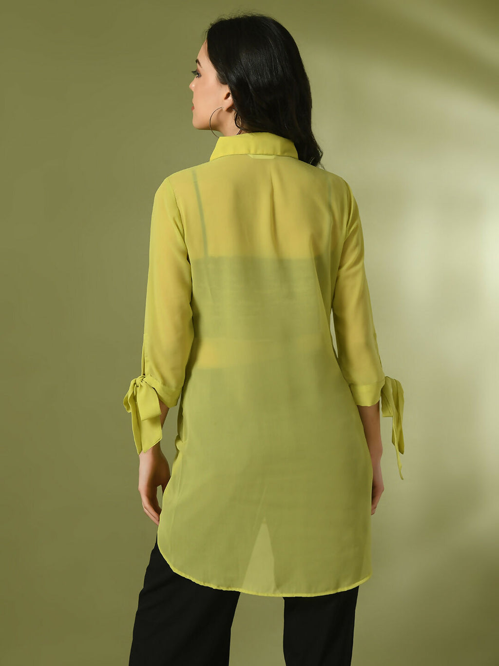 Myshka Women's Yellow Solid Georgette Longline Party Sheer Tunic | Grocsy
