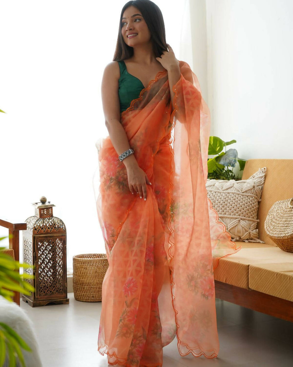 Vamsee Orange Organza Saree | Grocsy