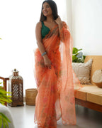 Vamsee Orange Organza Saree | Grocsy